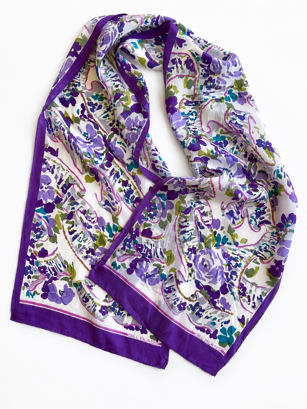 Vintage 1970s Bill Blass Silk Rectangular Scarf Purple Floral Classic Boho